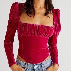 Free People Hold Me Top Velvet Blouse Fuschia Large Valentine's Day 💘 Feminine